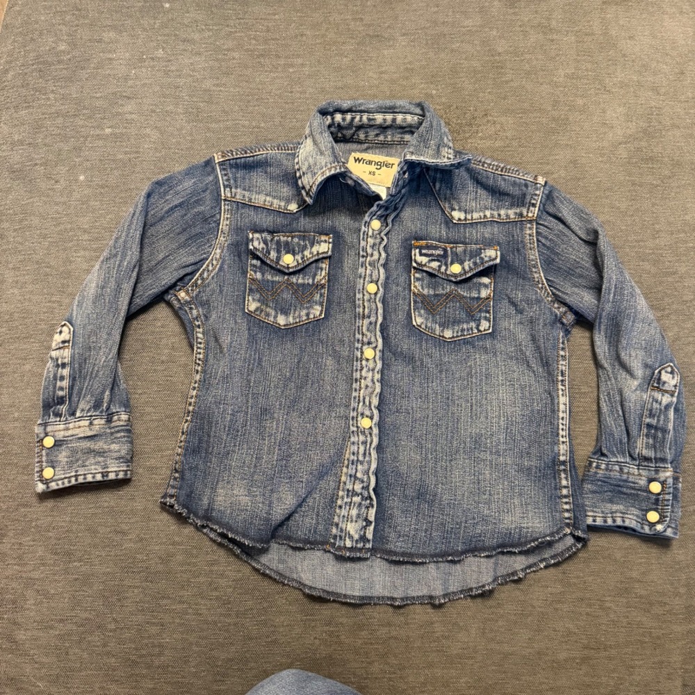 Wrangler Kids Denim Western Snap Shirt BS1039W Blue Long Sleeve XS